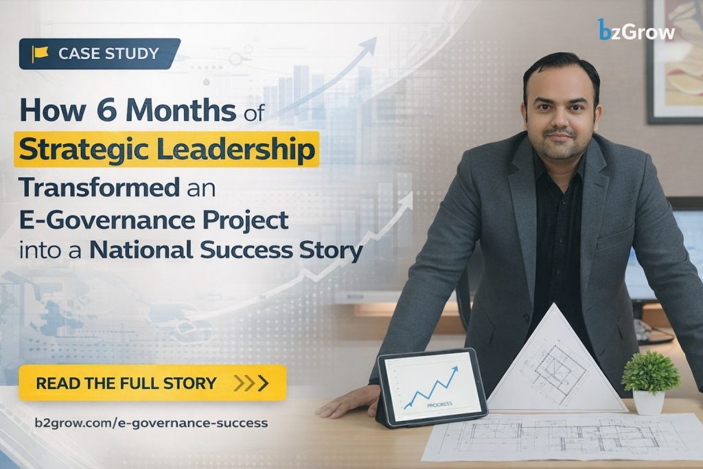 Banner showing a business leader presenting an ERPNext-based e-governance success story, highlighting how strategic leadership transformed a government digital transformation project into a national success within six months