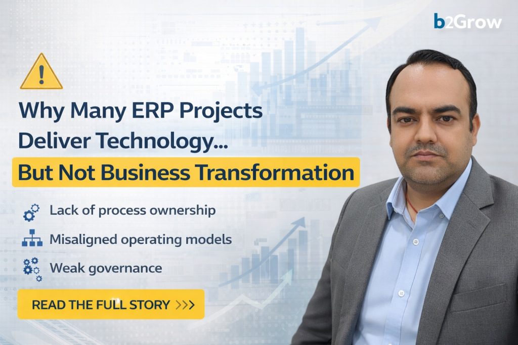 Illustration representing ERP implementation challenges, business transformation, governance, and process ownership
